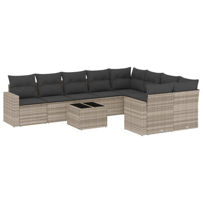 10-delige Loungeset met kussens poly rattan lichtgrijs