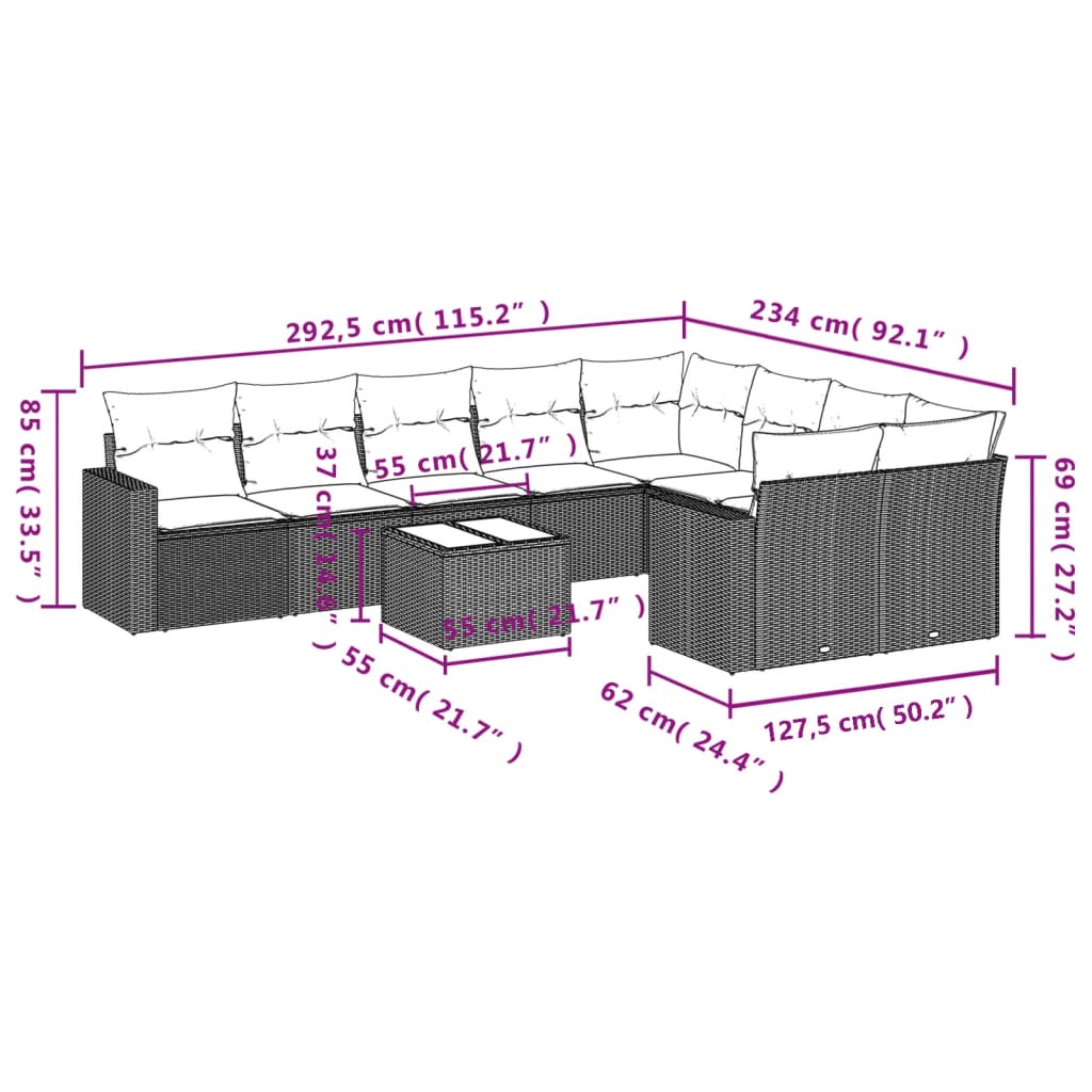 10-delige Loungeset met kussens poly rattan lichtgrijs