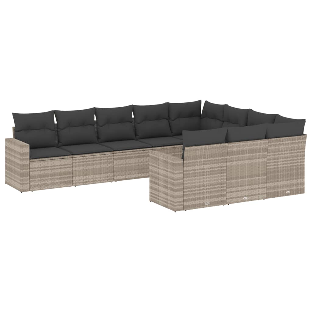 10-delige Loungeset met kussens poly rattan lichtgrijs