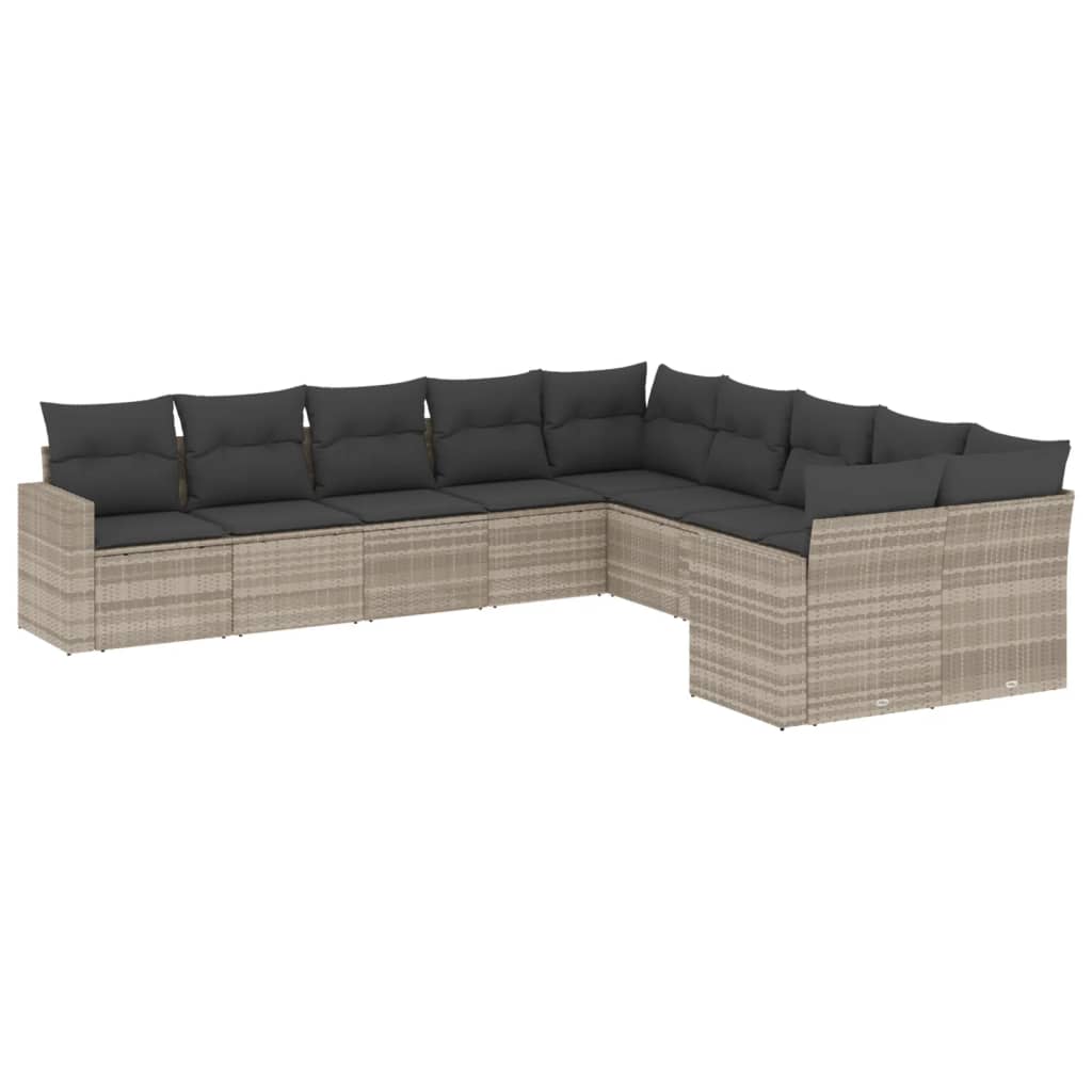 10-delige Loungeset met kussens poly rattan lichtgrijs