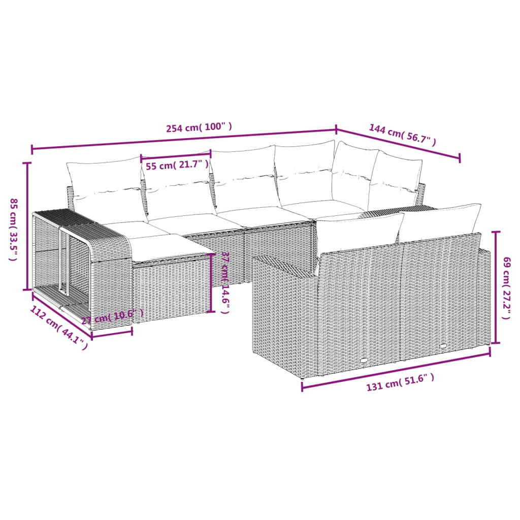 10-delige Loungeset met kussens poly rattan beige