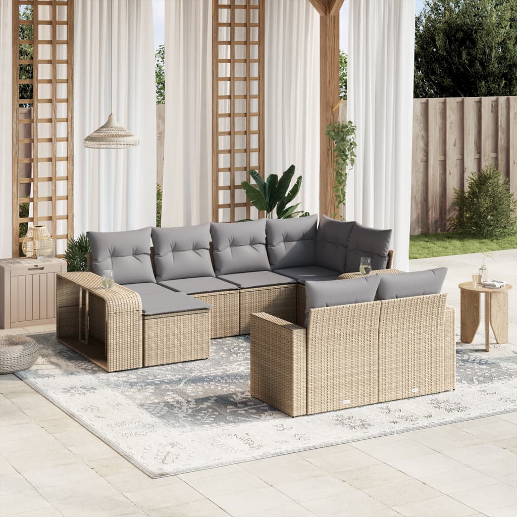 10-delige Loungeset met kussens poly rattan beige