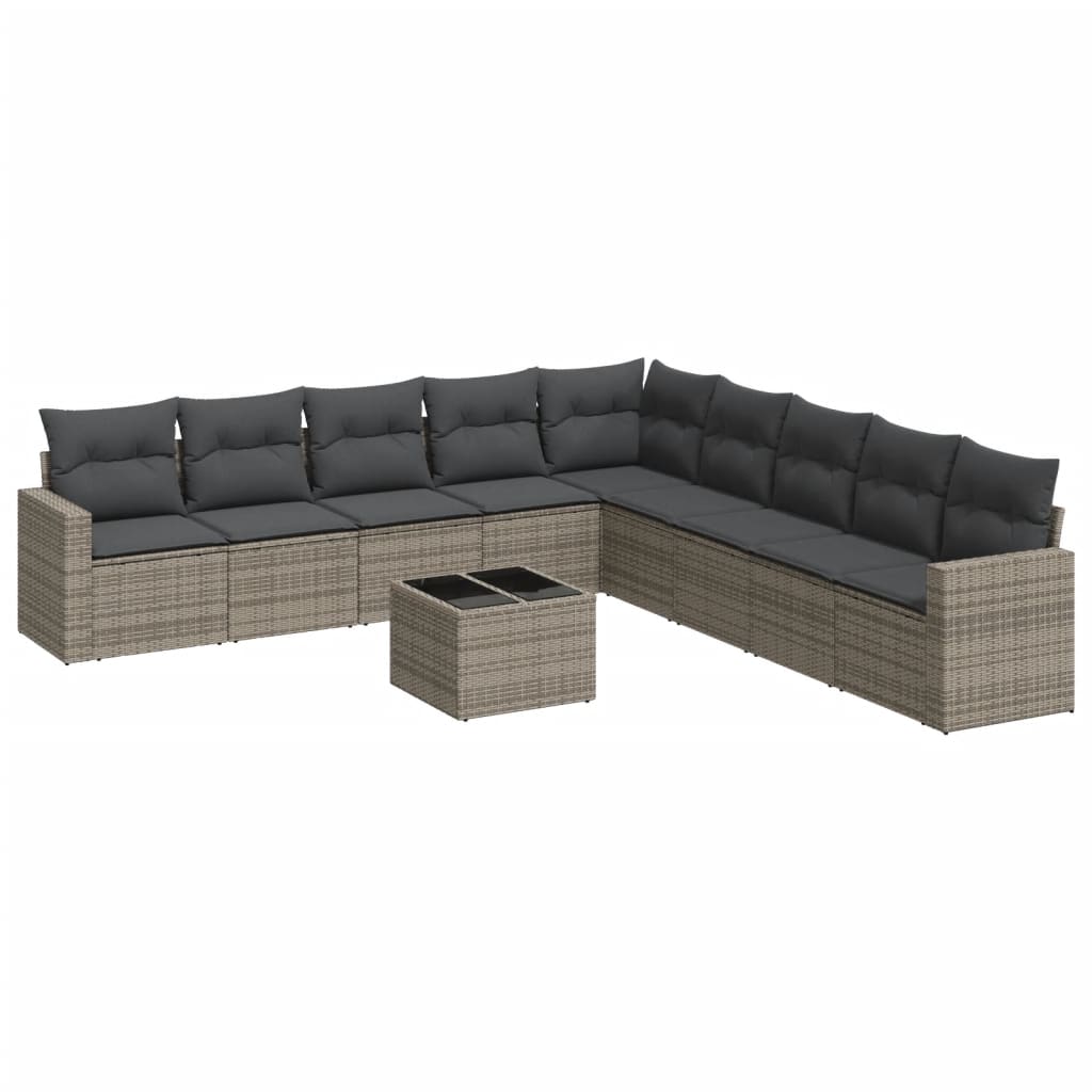 10-delige Loungeset met kussens poly rattan grijs