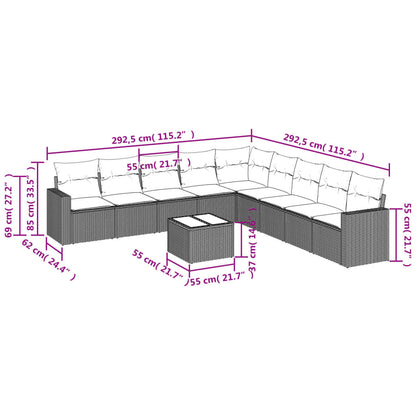 10-delige Loungeset met kussens poly rattan grijs