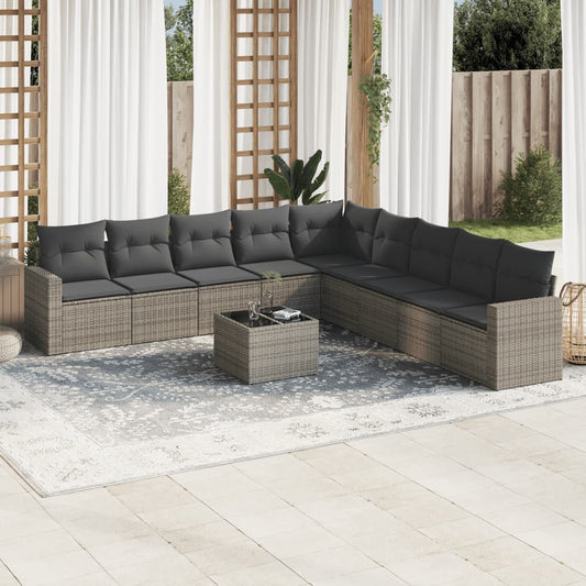 10-delige Loungeset met kussens poly rattan grijs