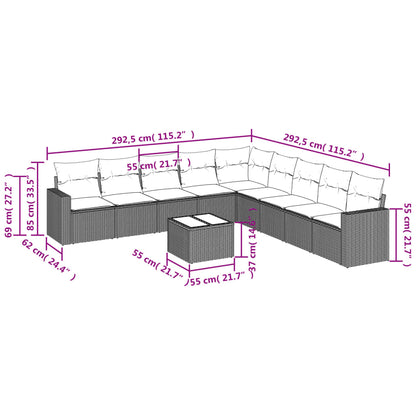 10-delige Loungeset met kussens poly rattan lichtgrijs