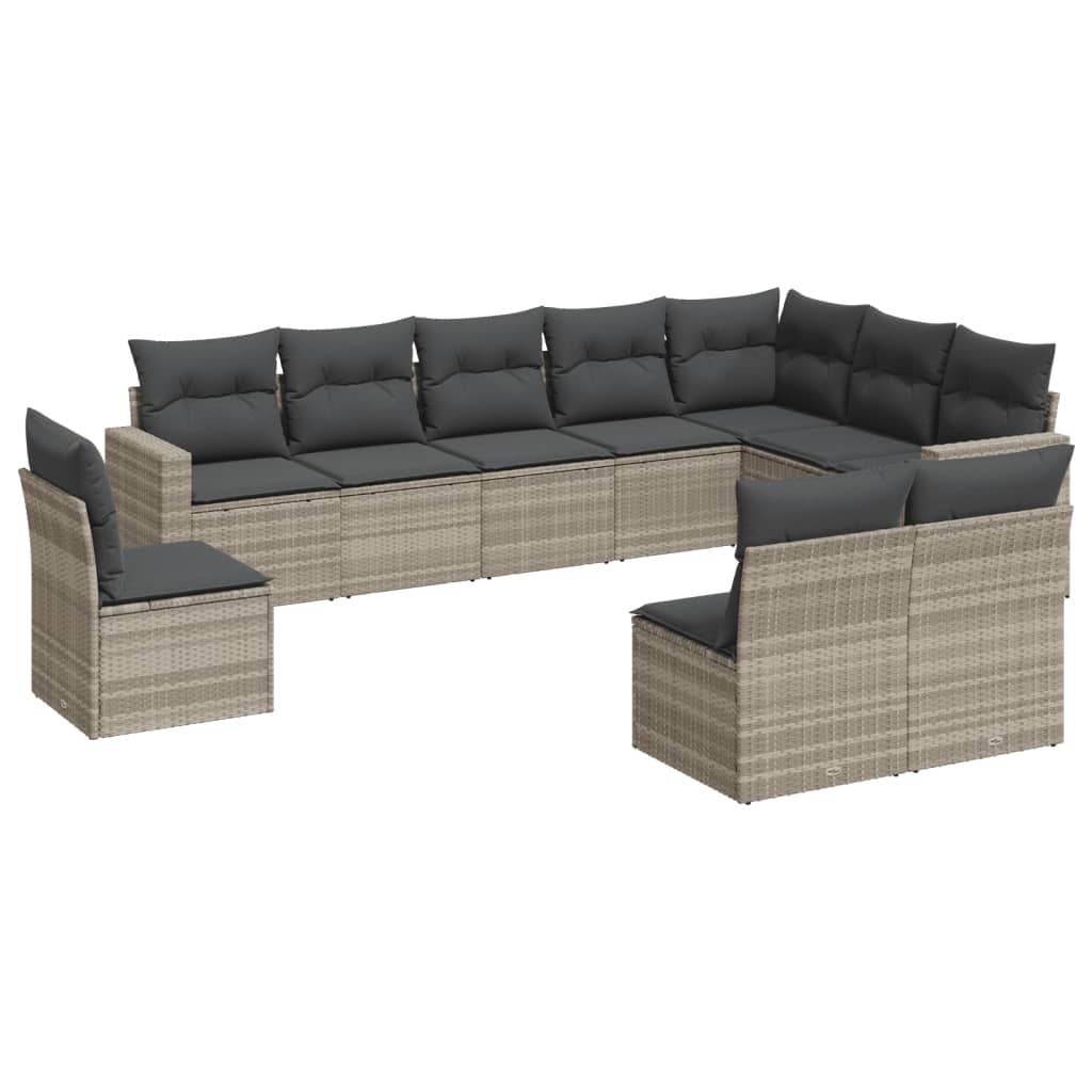 10-delige Loungeset met kussens poly rattan lichtgrijs