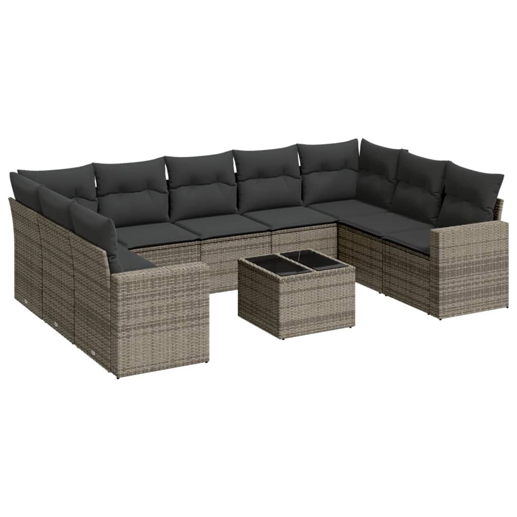 10-delige Loungeset met kussens poly rattan grijs