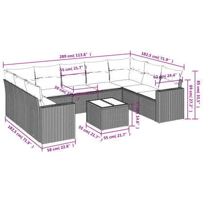 10-delige Loungeset met kussens poly rattan grijs