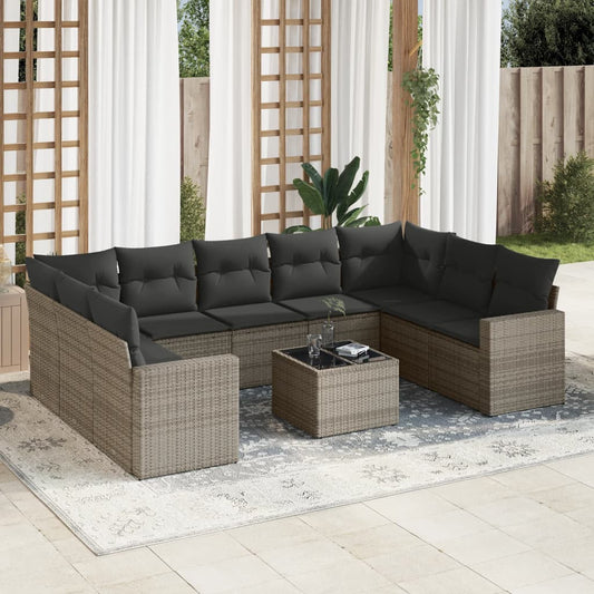 10-delige Loungeset met kussens poly rattan grijs