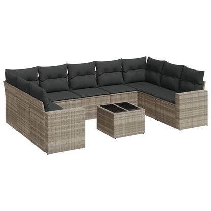 10-delige Loungeset met kussens poly rattan lichtgrijs