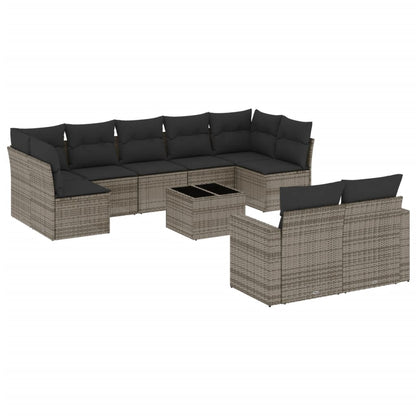 10-delige Loungeset met kussens poly rattan grijs