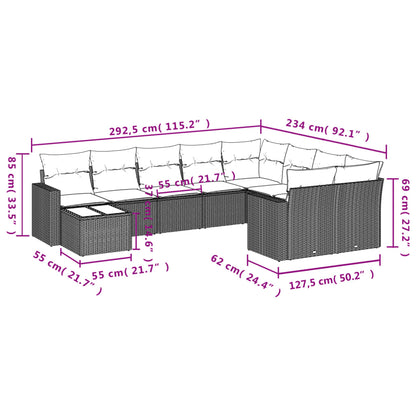 10-delige Loungeset met kussens poly rattan grijs