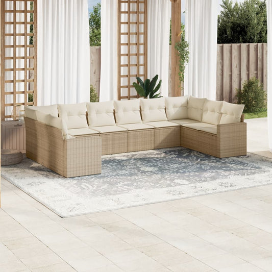 10-delige Loungeset met kussens poly rattan beige