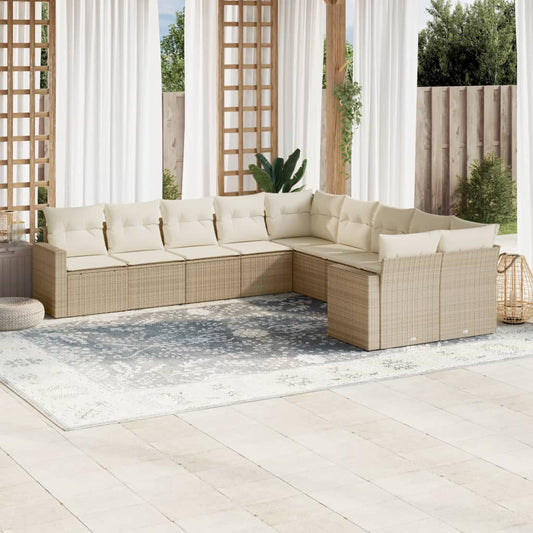 10-delige Loungeset met kussens poly rattan beige