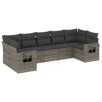 7-delige Loungeset met kussens poly rattan grijs