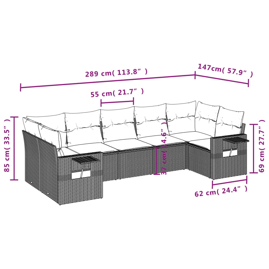 7-delige Loungeset met kussens poly rattan grijs