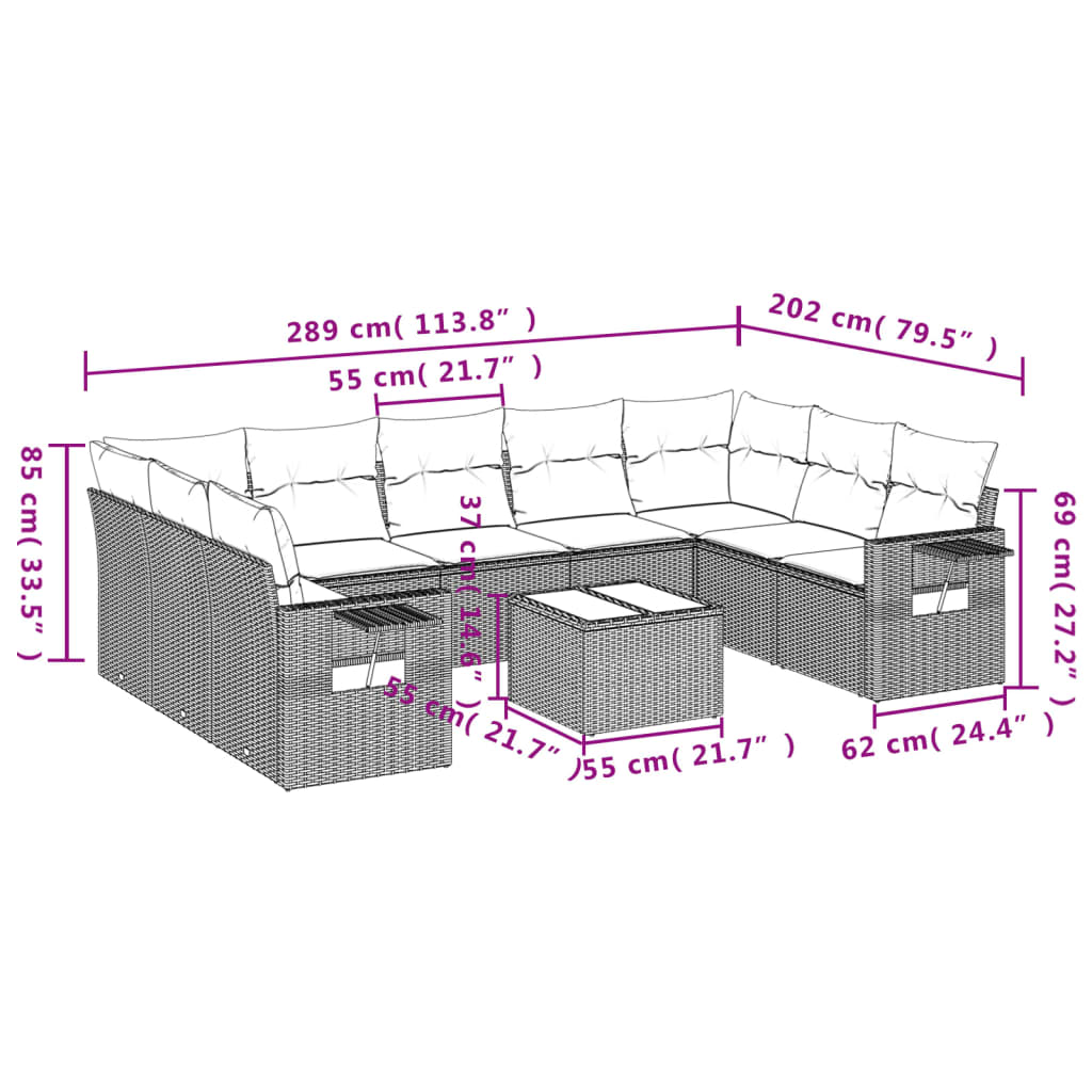 10-delige Loungeset met kussens poly rattan grijs