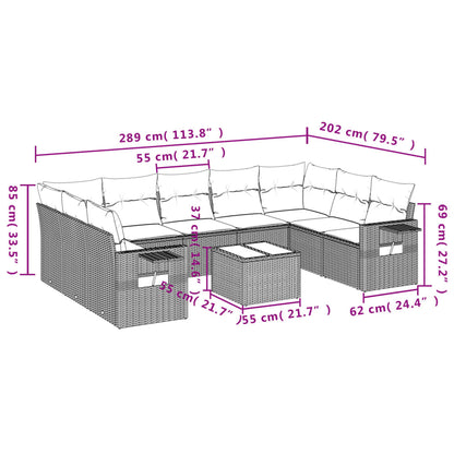 10-delige Loungeset met kussens poly rattan grijs