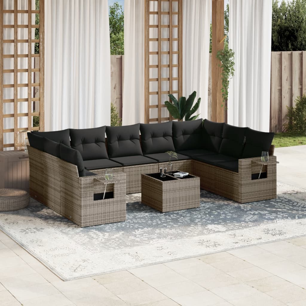 10-delige Loungeset met kussens poly rattan grijs