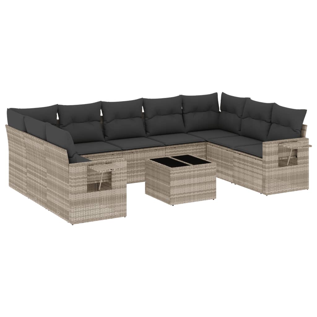 10-delige Loungeset met kussens poly rattan lichtgrijs