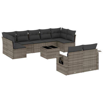 10-delige Loungeset met kussens poly rattan grijs