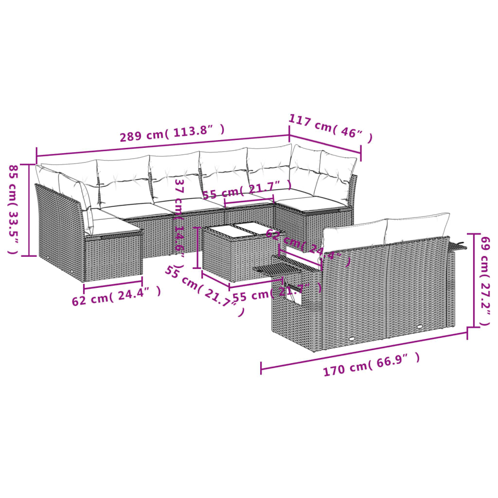 10-delige Loungeset met kussens poly rattan grijs