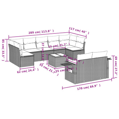 10-delige Loungeset met kussens poly rattan grijs