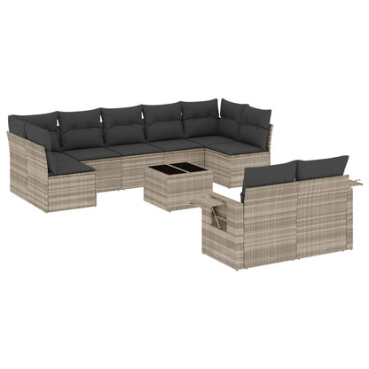 10-delige Loungeset met kussens poly rattan lichtgrijs