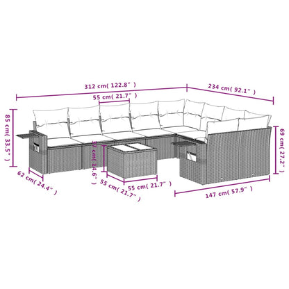 10-delige Loungeset met kussens poly rattan grijs