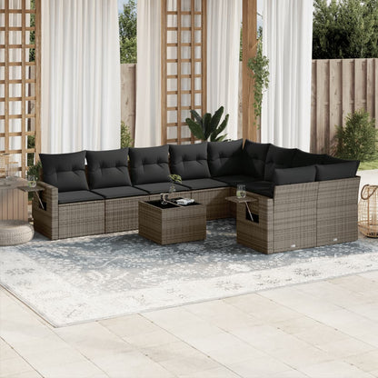 10-delige Loungeset met kussens poly rattan grijs