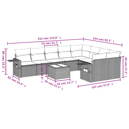 10-delige Loungeset met kussens poly rattan lichtgrijs