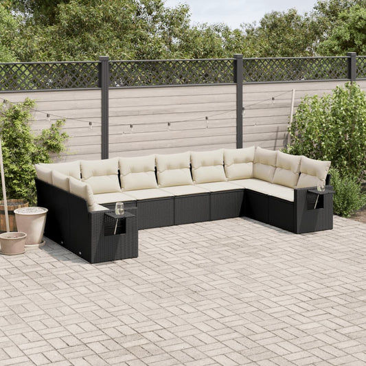 10-delige Loungeset met kussens poly rattan zwart