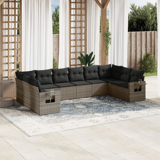 10-delige Loungeset met kussens poly rattan grijs