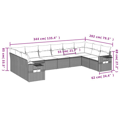 10-delige Loungeset met kussens poly rattan bruin