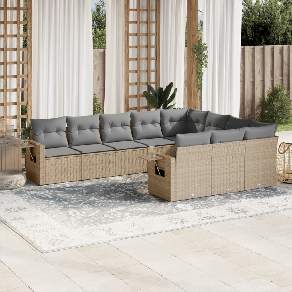 10-delige Loungeset met kussens poly rattan beige