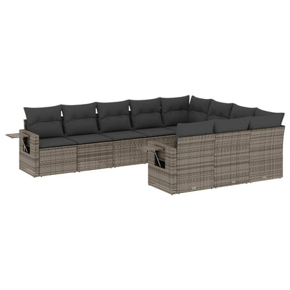 10-delige Loungeset met kussens poly rattan grijs