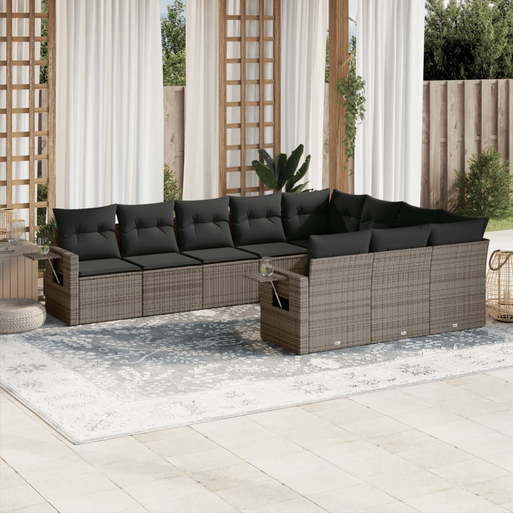 10-delige Loungeset met kussens poly rattan grijs