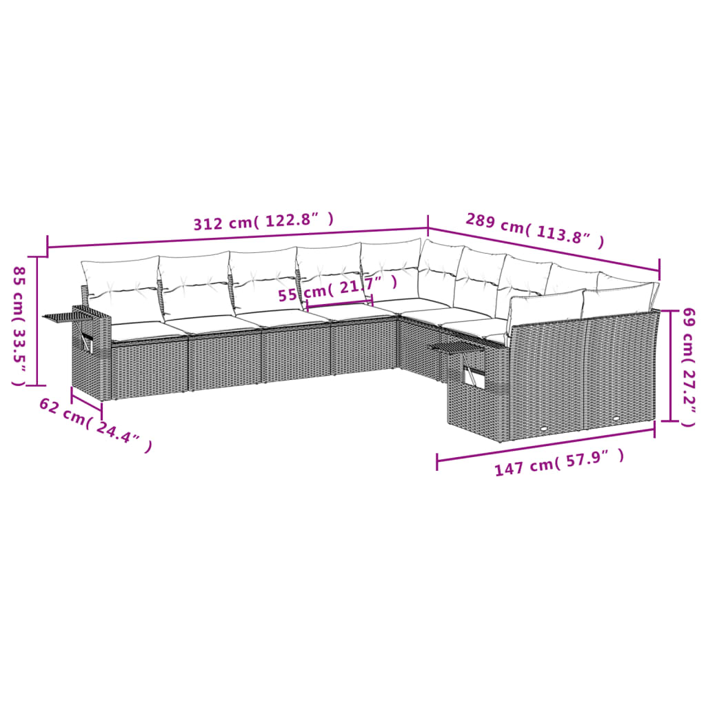 10-delige Loungeset met kussens poly rattan grijs