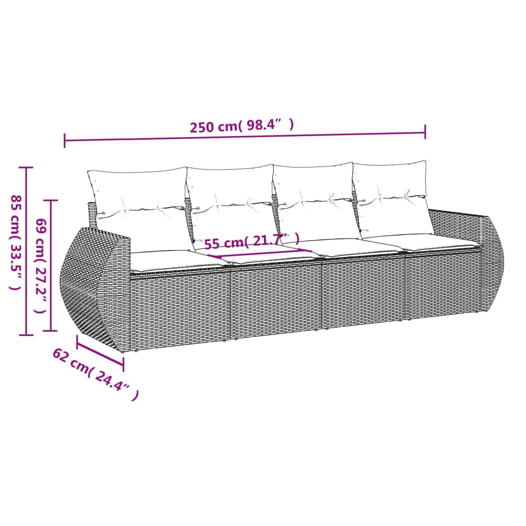 4-delige Loungeset met kussens poly rattan grijs