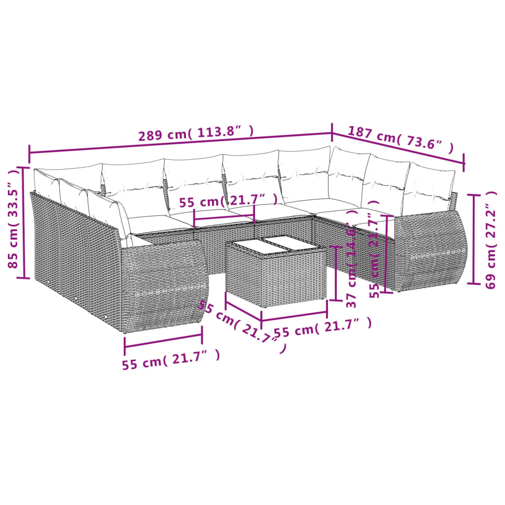 10-delige Loungeset met kussens poly rattan beige