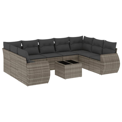 10-delige Loungeset met kussens poly rattan grijs