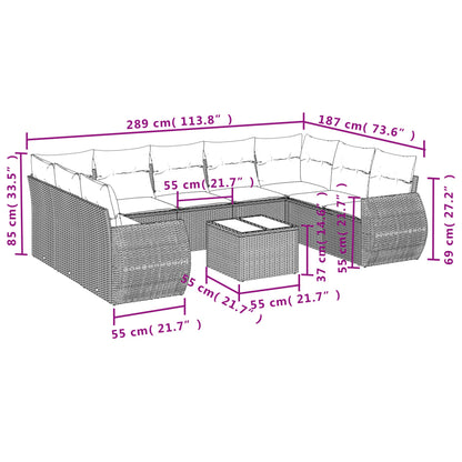 10-delige Loungeset met kussens poly rattan grijs