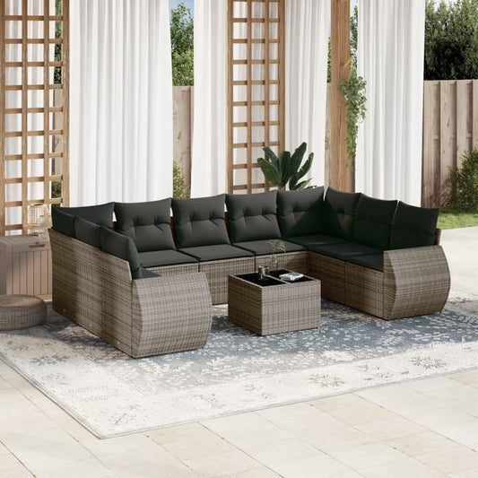 10-delige Loungeset met kussens poly rattan grijs