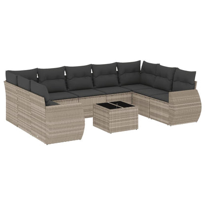 10-delige Loungeset met kussens poly rattan lichtgrijs