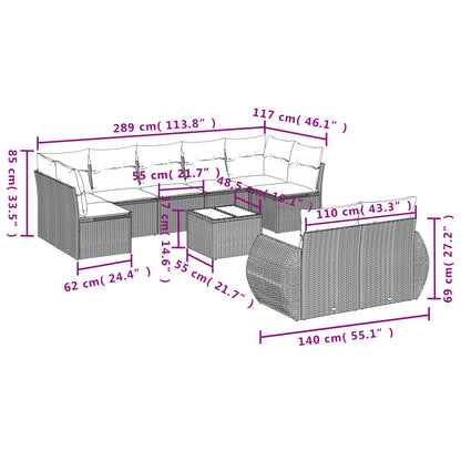 10-delige Loungeset met kussens poly rattan grijs