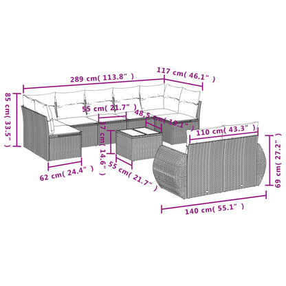 10-delige Loungeset met kussens poly rattan lichtgrijs