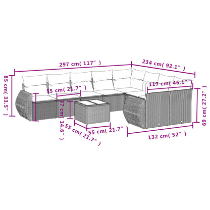 10-delige Loungeset met kussens poly rattan grijs