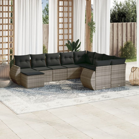 10-delige Loungeset met kussens poly rattan grijs