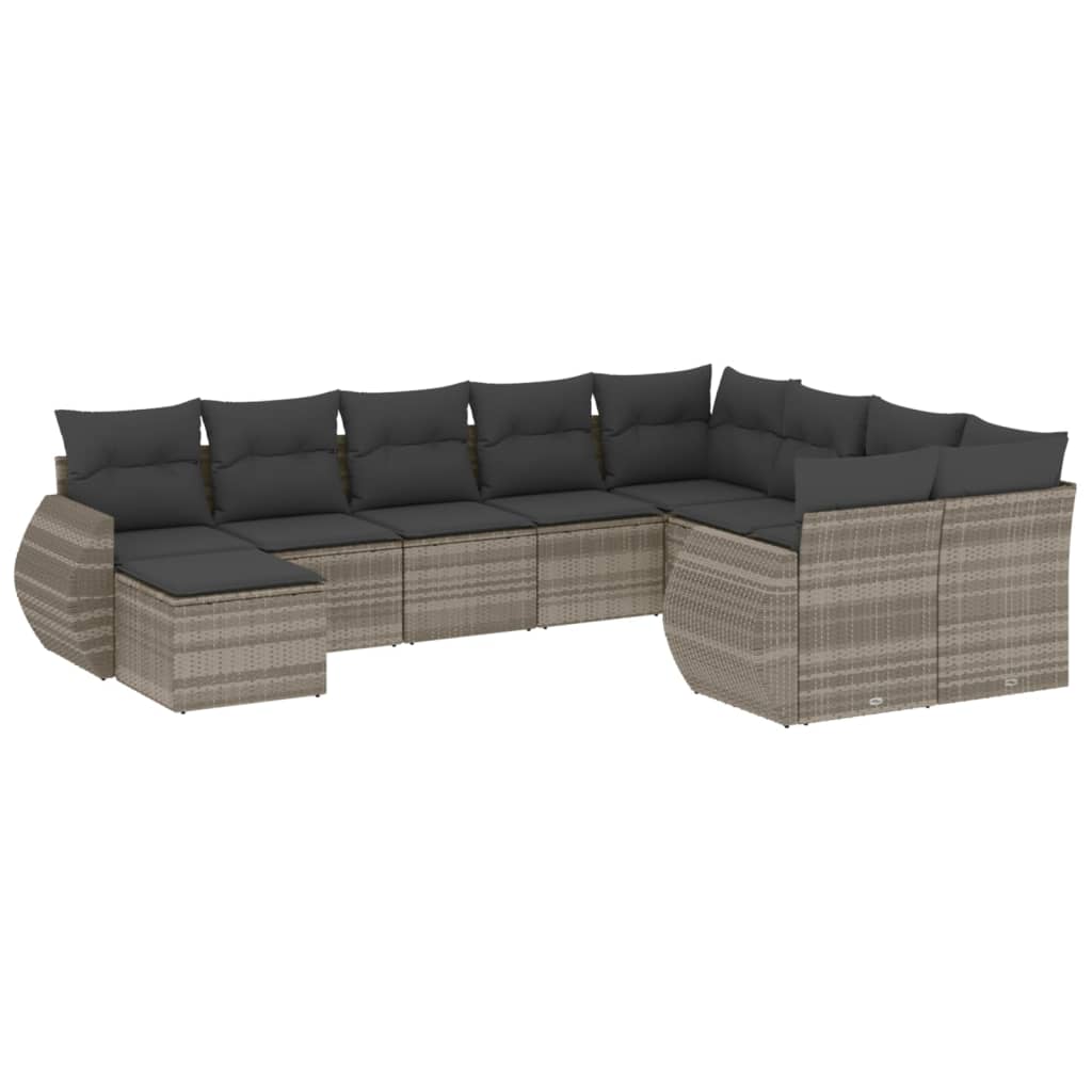 10-delige Loungeset met kussens poly rattan lichtgrijs